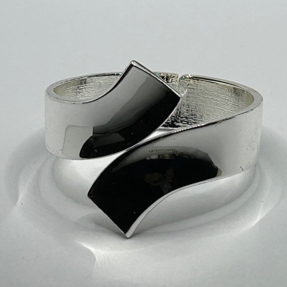Bypass Bangle Bracelet Silver tone Hinged Enamel Boho‎ Chic Glam Statement 6"
